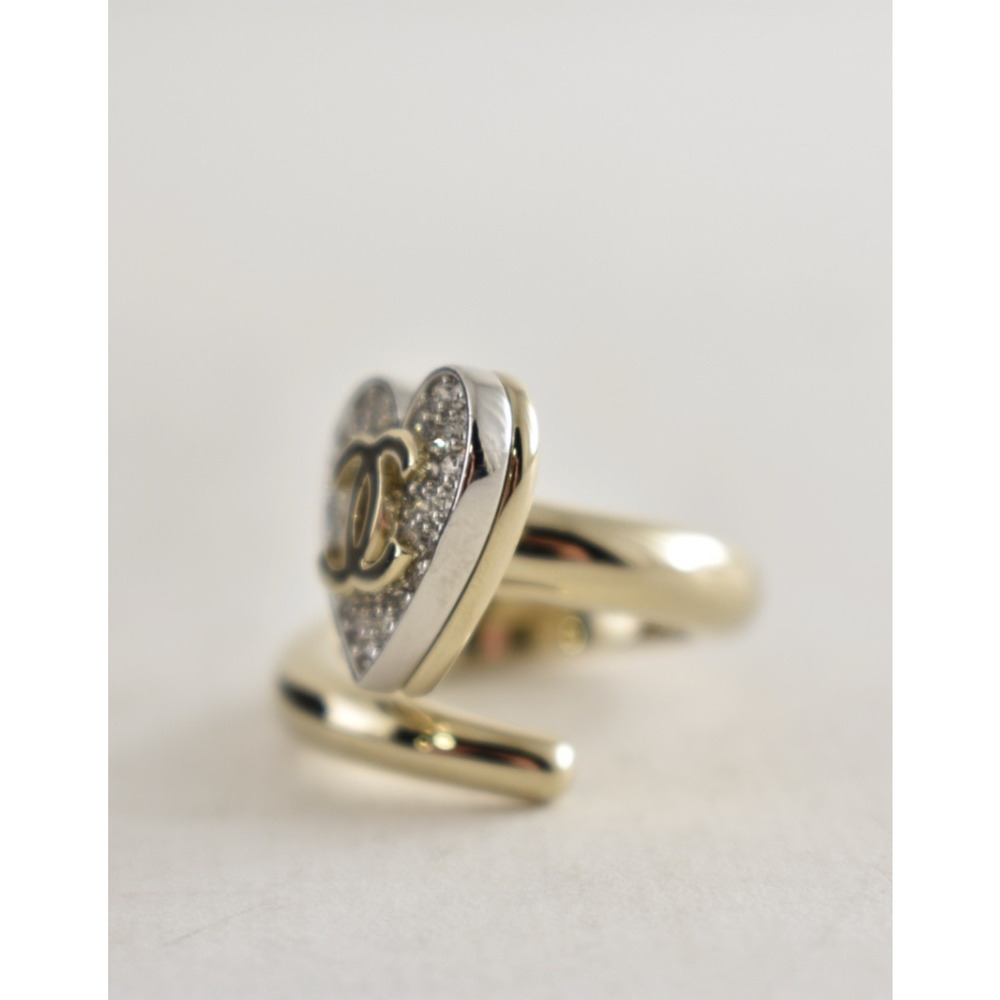 Chanel 26P Silver Gold Crystal Heart CC Logo Spiral Metal Fashion Finger Ring 52 - Picture 10 of 16
